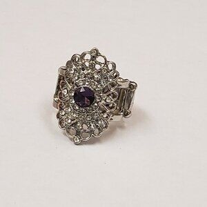 Silver tone, purple, clear jeweled, filagree stretch ring SZ8-9